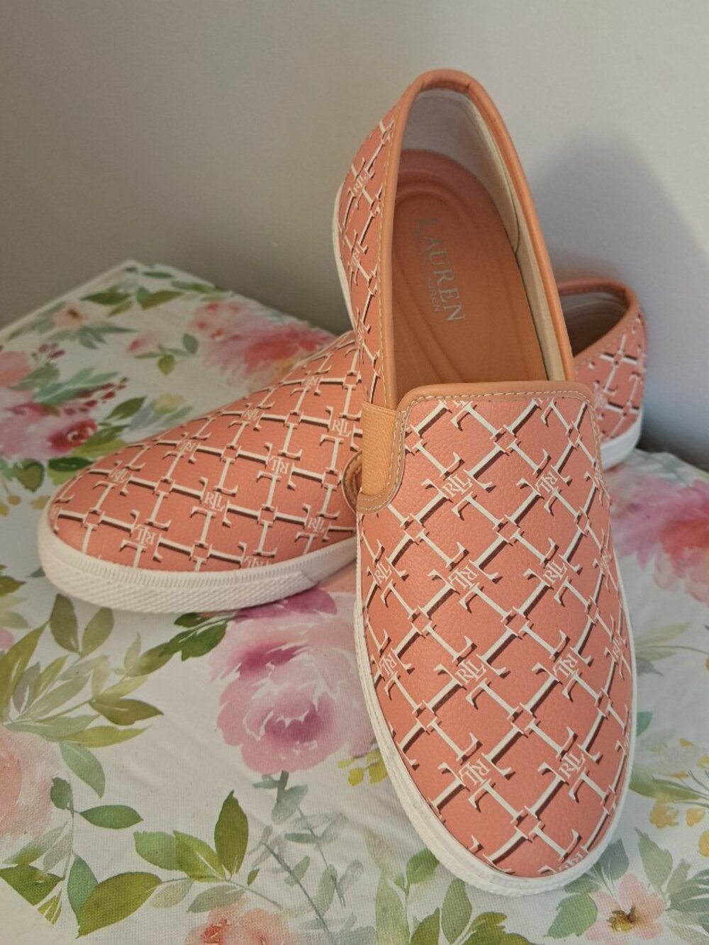 RALPH LAUREN Jinny Logo Slip-On Sneakers - Shell Coral - Women's Size 8.5B - NWB
